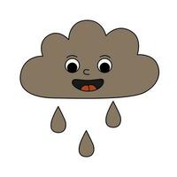 Retro 70s groovy happy cloud character with raindrops. Rain mascot with emotional face. Cartoon isolated vector illustration