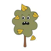 Retro 70s groovy frightened tree character with yellow falling leaves. Plant mascot with emotional face. Cartoon isolated vector illustration