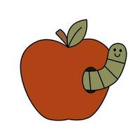 Retro groovy red apple with worm peeking out of hole. Fruit with caterpillar inside. Cartoon isolated vector illustration