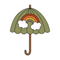 Retro groovy green umbrella with rainbow. Accessory with handle for rain protection. Cartoon isolated vector illustration