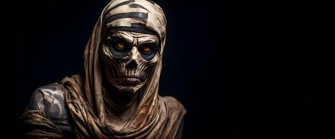 Ancient mummy on a dark background. Halloween image with copy space. photo