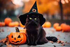 Black cat in a witch hat is sitting in the park. Jack o latern near it. Generative AI. photo