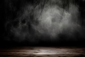 Grunge dark background. Wall of fog and wooden floor. photo