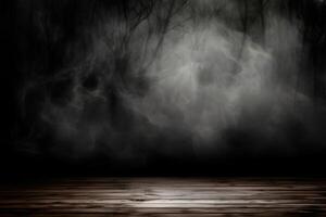 Grunge dark background. Wall of fog and wooden floor. Generative AI photo