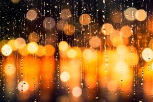 Abstract blur backdrop. Streams of rain on the window and defocused lights. Generative AI. photo