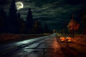 Halloween landscape with copy space. Night road, two jack-o lantens on the roadside. Generative ai photo