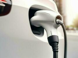 Electrical car charger, white electric car charging with electric vehicle technology photo