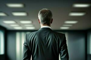 Businessman in a suit captured from behind. Leader style makes important decisions photo