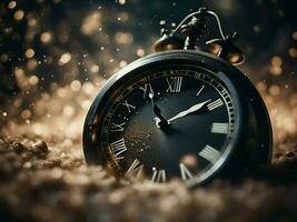 Time is running out concept shows clock that is dissolving away into little particles photo