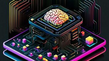 isométrica ilustración de humano cerebro y ai tecnología foto