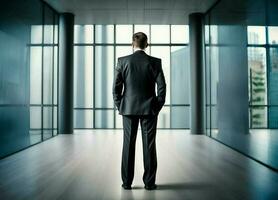 Businessman in a suit captured from behind. Leader style makes important decisions photo