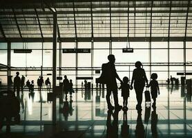 showing silhouette figures of family members inside an airport terminal. travel with family concept photo