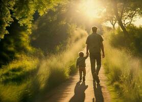 un hombre camina con su niños en un camino con el Dom brillante, padres día concepto foto