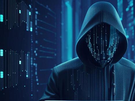 Hooded computer hacker in the shadow with binary codes photo