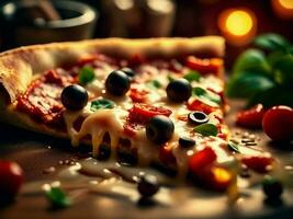 pizza slice, oozing with melted cheese and adorned with tantalizing toppings photo