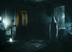 female demon in an old house, a chilling, ghostly apparition manifesting in an abandoned photo