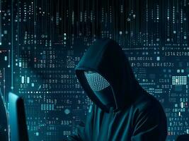 Hooded computer hacker in the shadow with binary codes photo