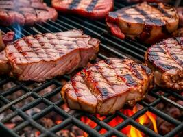 Beef steaks grilled meat on the grill photo