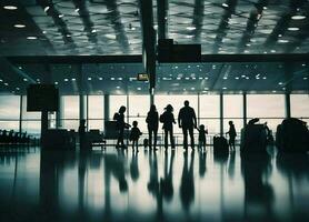 showing silhouette figures of family members inside an airport terminal. travel with family concept photo