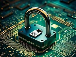 Cybersecurity concept depicting a padlock on top of a microchip board photo