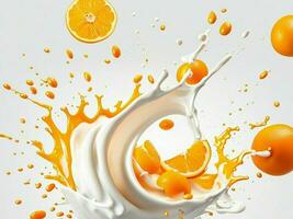 milk or yogurt splash with oranges isolated photo