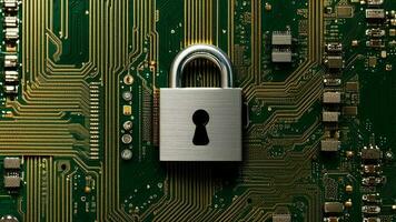 Cybersecurity concept depicting a padlock on top of a microchip board photo