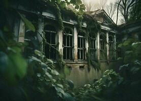 horror house atmosphere filled with wild plants with spooky windows, mystical and horror atmosphere photo