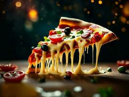 pizza slice, oozing with melted cheese and adorned with tantalizing toppings photo