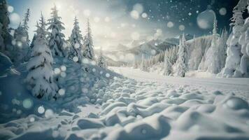 snowy streets and trees in winter with mountains in the background photo