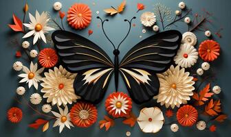 Butterfly with leaves and flowers in the style of Charley Harper AI Generated photo