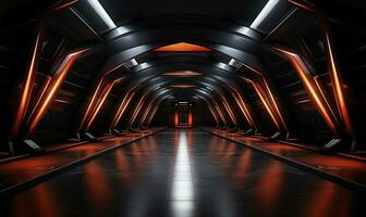 oscuro futurista moderno garaje sala de exposición túnel corredor ai generado foto