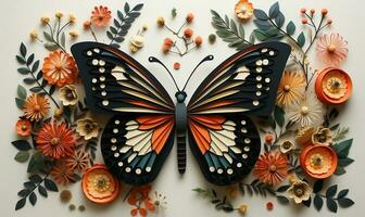 Butterfly with leaves and flowers in the style of Charley Harper AI Generated photo