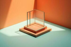 a set product photography whit a modern glass decanter with a square base above a view of 3d representation of the podium, orange wall photo