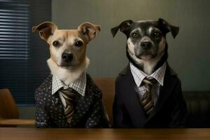 Two companionable dogs dressed in formal clothing sit side by side in an office environment on a wooden desk photo