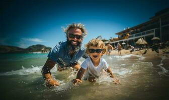 Senior man and a child playing and splashing with water on a beach in summer. AI Generated photo