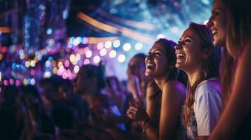 mujer riendo y teniendo un bueno hora a un concierto a un música festival. ai generado foto