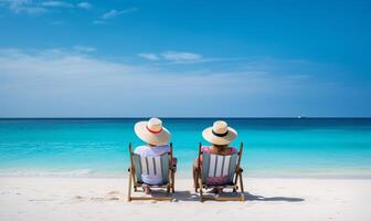 Retired traveling couple resting together on sun loungers during beach vacations on a tropical island. AI Generated photo