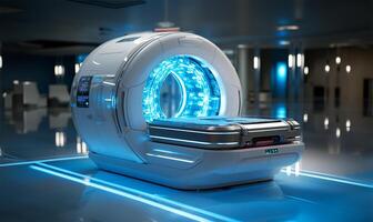 advanced MRI or CT scan machine located in a hospital lab. photo