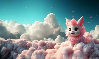 cute unicorn perched on a flying cloud. AI Generated photo