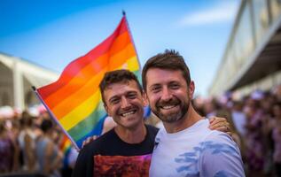 Two men with LGBT flags at the gay pride demonstration. AI Generated photo