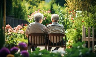 Old people couple in home garden. AI Generated photo
