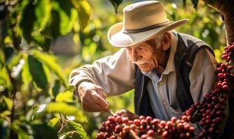 antiguo hombre cosecha café desde un café plantación. ai generado foto