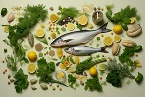 A close-up image of two fish arranged with other fresh vegetables and fruits on a kitchen table photo