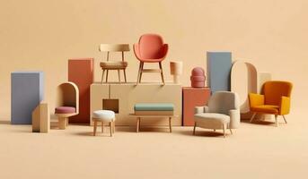 a bunch of a series of colorful furniture boxes with some chairs and a desk are sitting on a stand up 3d set photo