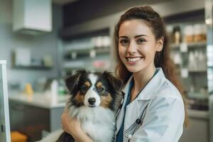 un hembra simpático veterinario médico es tendiendo a un perrito perro paciente en un veterinario clínica foto