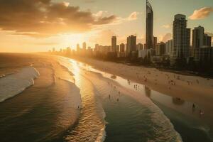 aerial view, Gold Coast Surfers  Paradise beach at sunset, panoramic photo