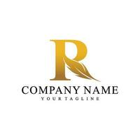 Initial letter R logo with Feather Luxury gold. vector