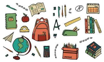 Set of school supplies. Backpack, pencils, brushes, crayons, ruler, sharpener, eraser, clips, calendar, apple, calculator, books, paper plane, globe. Cute stationery subjects. Back to school. Doodle. vector