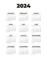 Calendar 2024, template, week starts on Sunday, on white background. vector