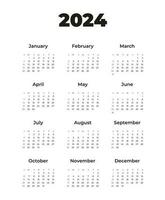 Calendar 2024, week starts on Sunday, on white background, template, vector. vector